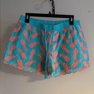 Lilly Pulitzer Turquoise Shorts with Coral Pineapple Embroidery Size Large